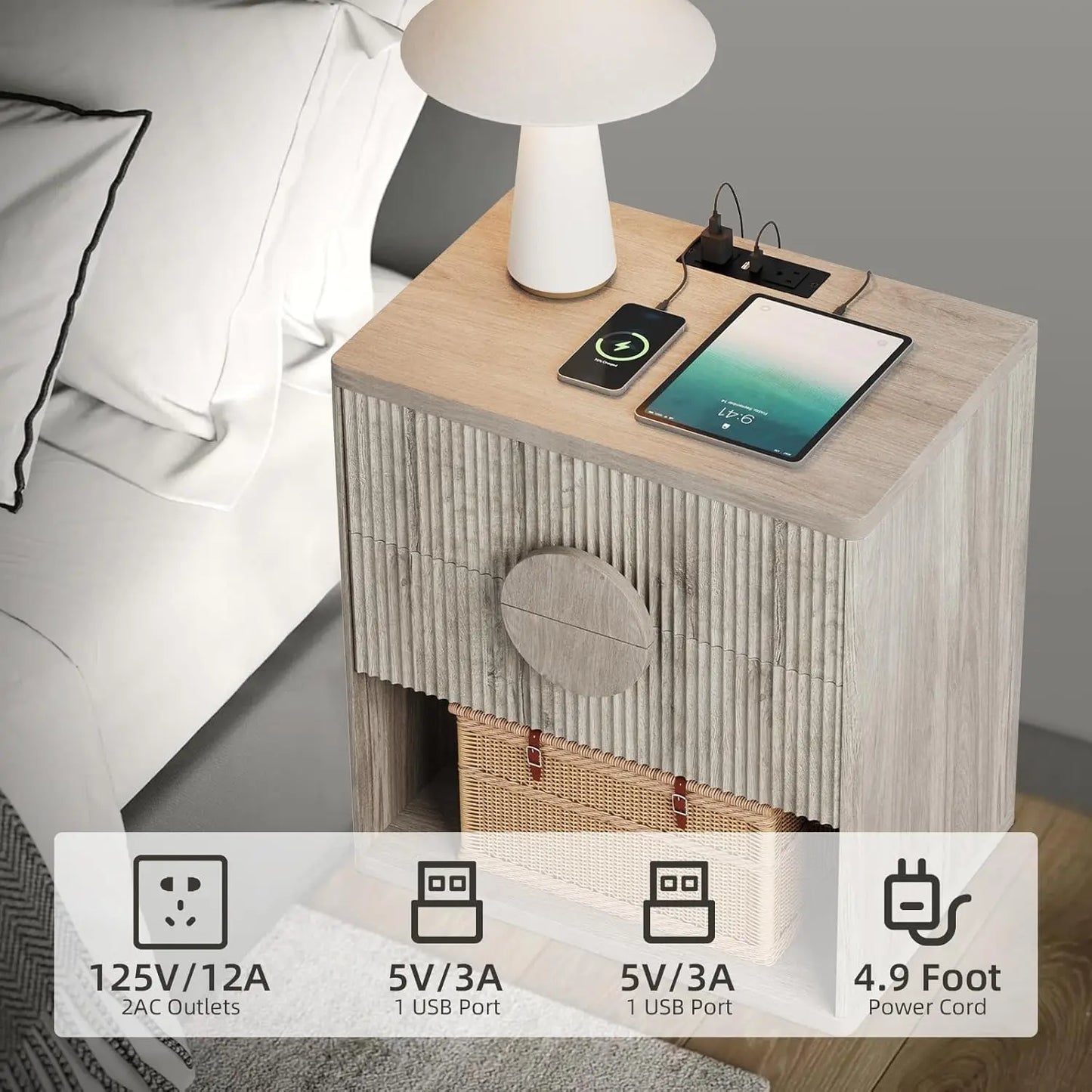 Large Fluted Nightstand Modern Bedside Table for Bedroom Living Room