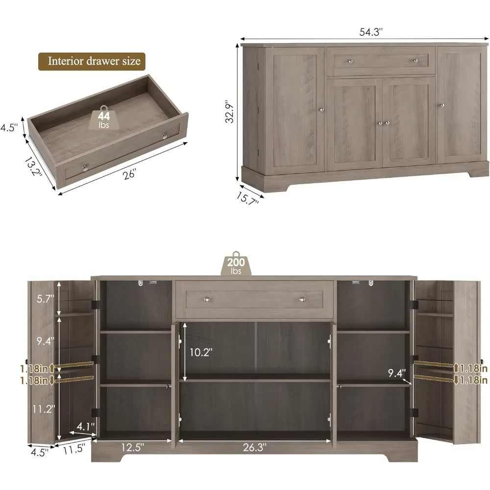 Modern 54 Inch Buffet Cabinet Wood Kitchen Sideboard Storage Furniture