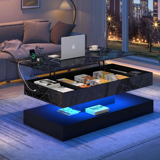 Lift Top Coffee Table with Charging Station LED Modern Center Table