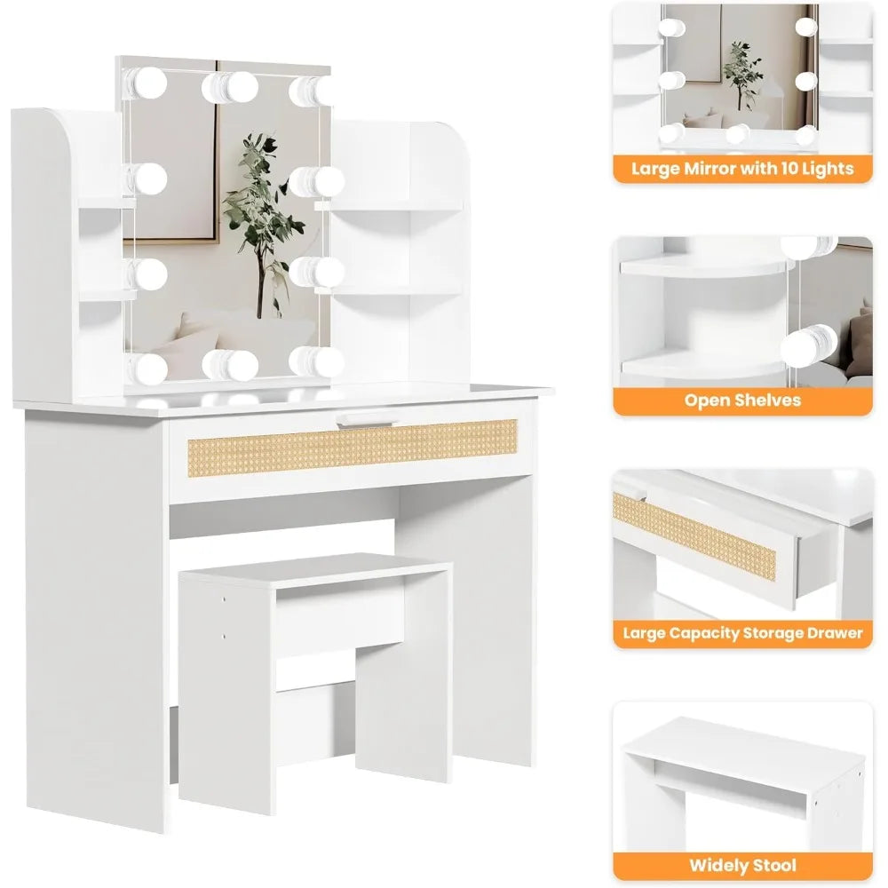 Modern Vanity Desk Set with LED Mirror Storage Stool Dressing Table
