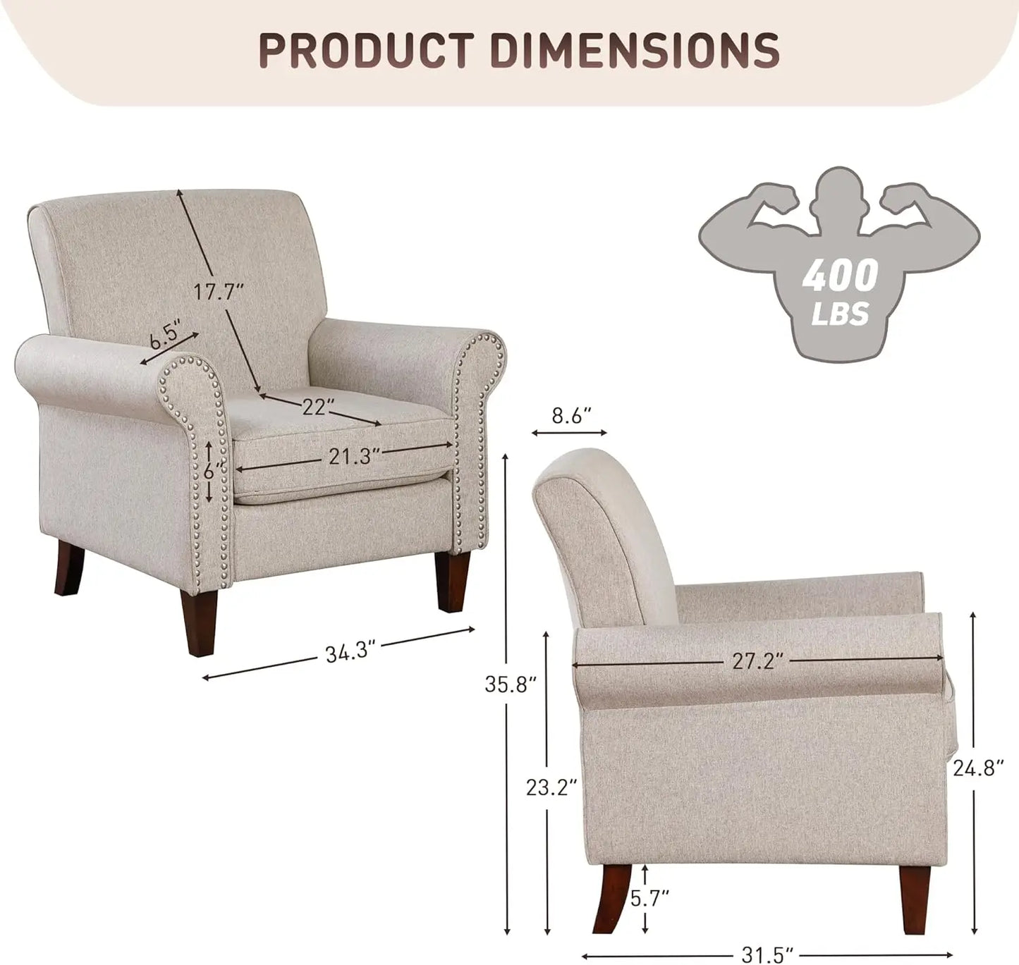 Upholstered Living Room Chair Set of 2 Large Comfy Accent Chairs