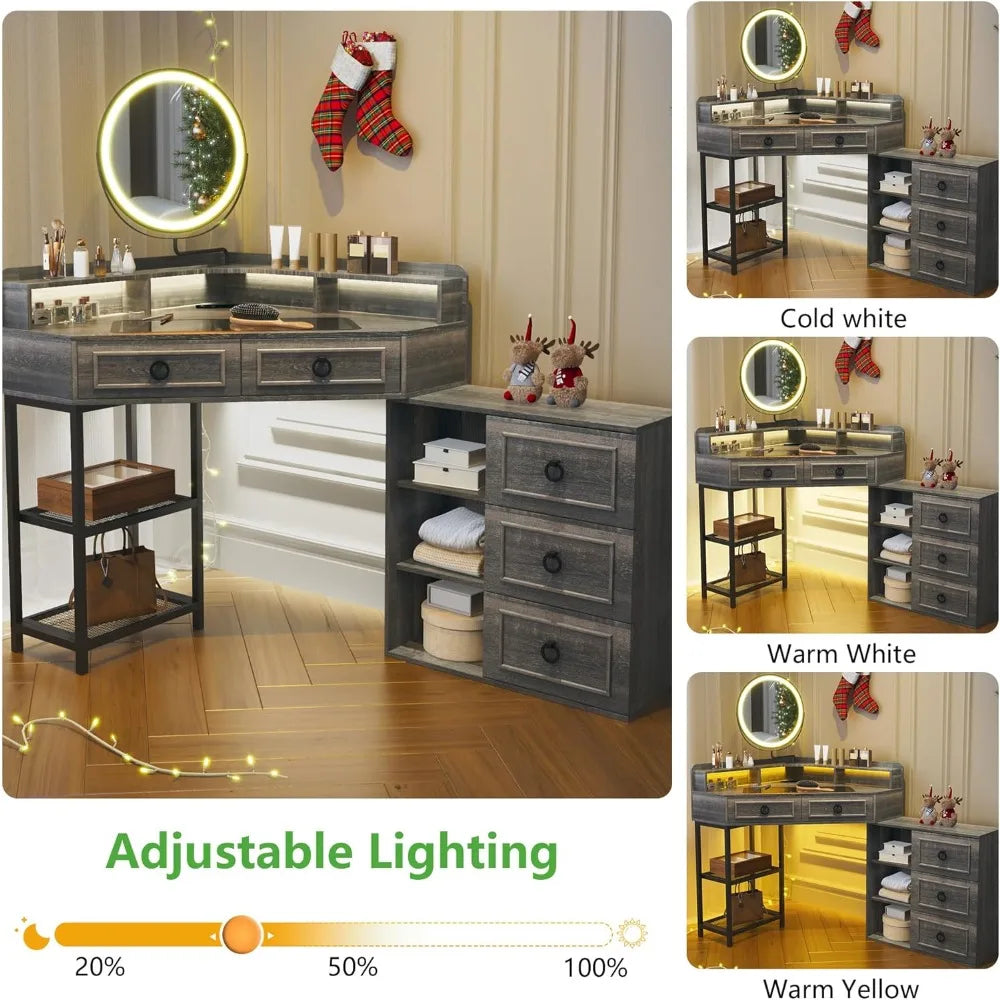 Corner Vanity Desk with LED Mirror and Makeup Organizer Charging Station