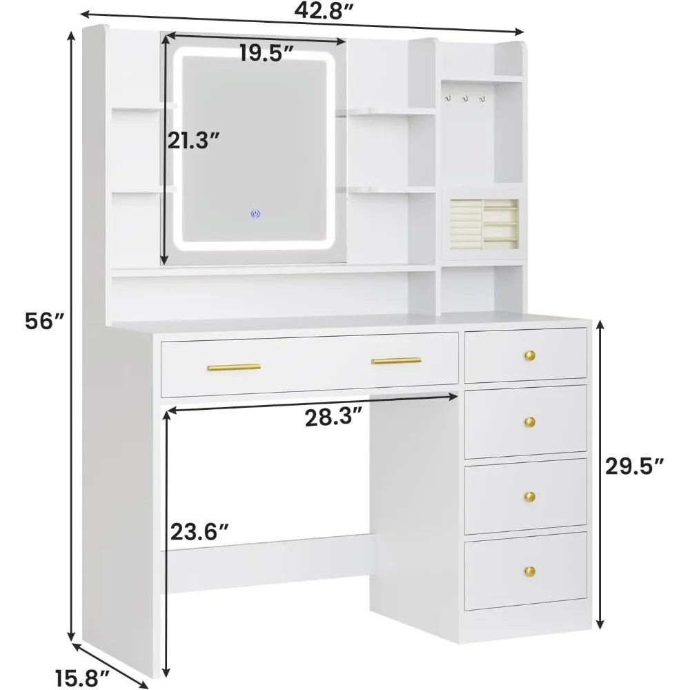 42.8 Inch Modern Vanity with Mirror Lights Jewelry Box 6 Drawers
