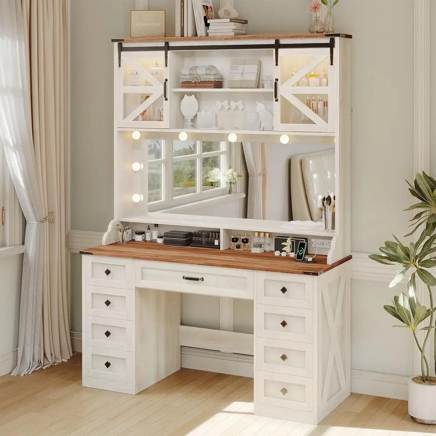 Farmhouse Makeup Vanity Desk with Mirror and RGB Lights 9 Drawer