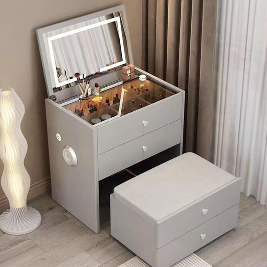 Integrated Small Vanity Desk with Mirror Compact Makeup Table USB