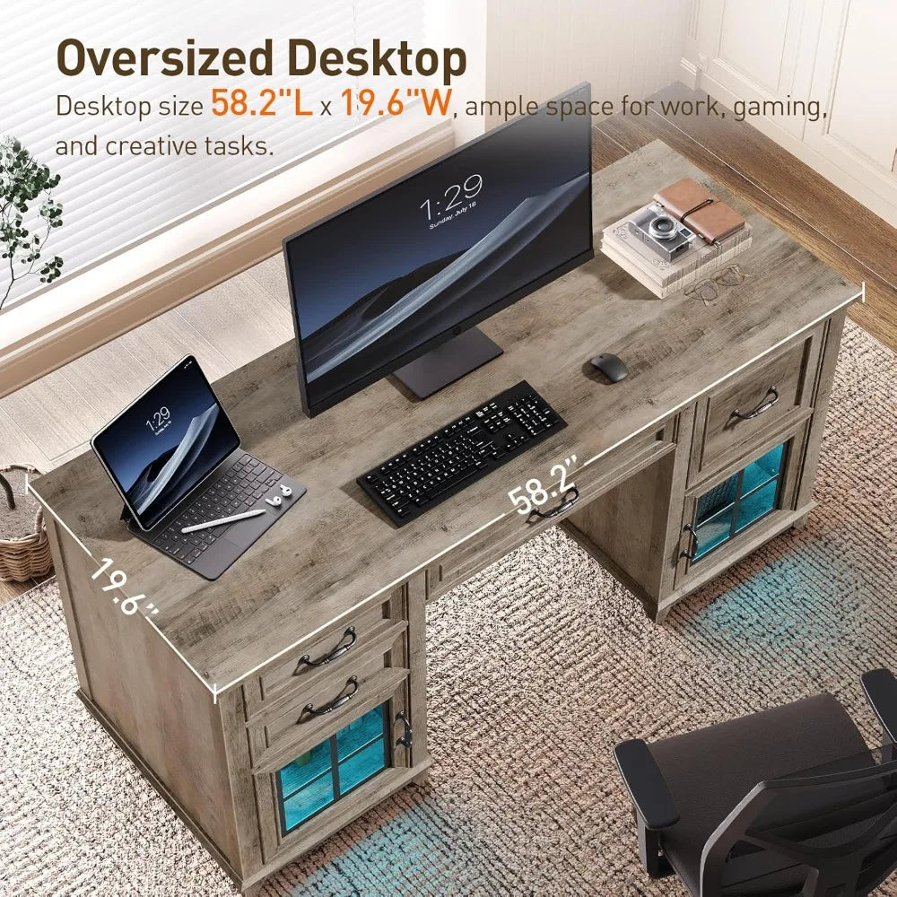 58 Inch Farmhouse Wooden Desk with Power Outlets and LED Light