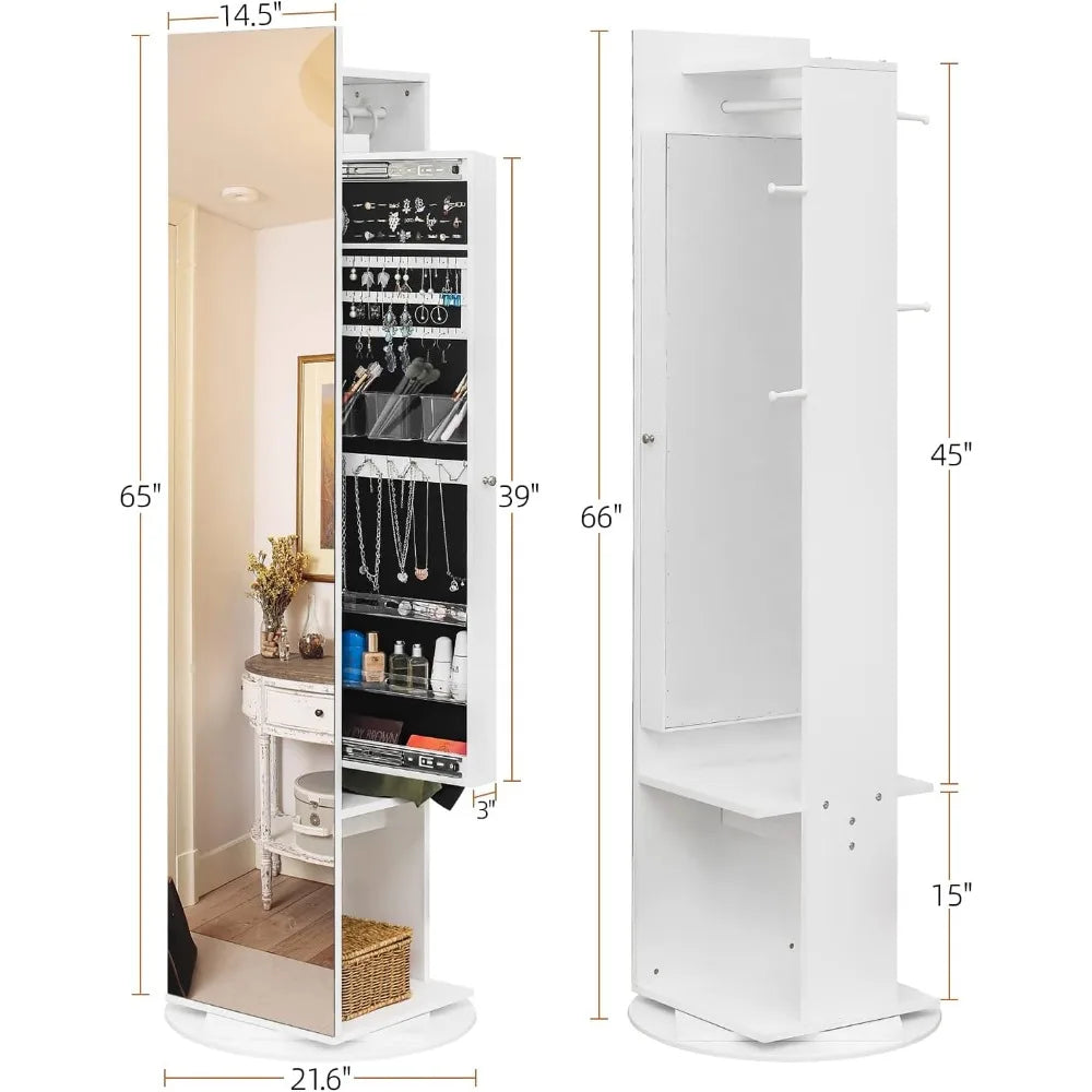 Jewelry Armoire Full-Length Mirror 360° Rotating Organizer Cabinet Storage