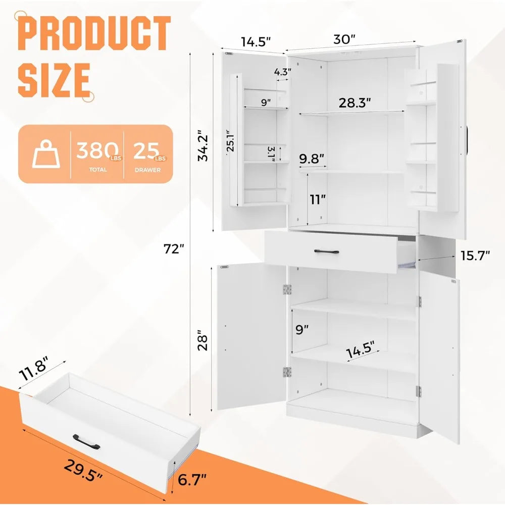 72 Inch Kitchen Pantry Cabinet Storage Cupboard with Adjustable Shelves