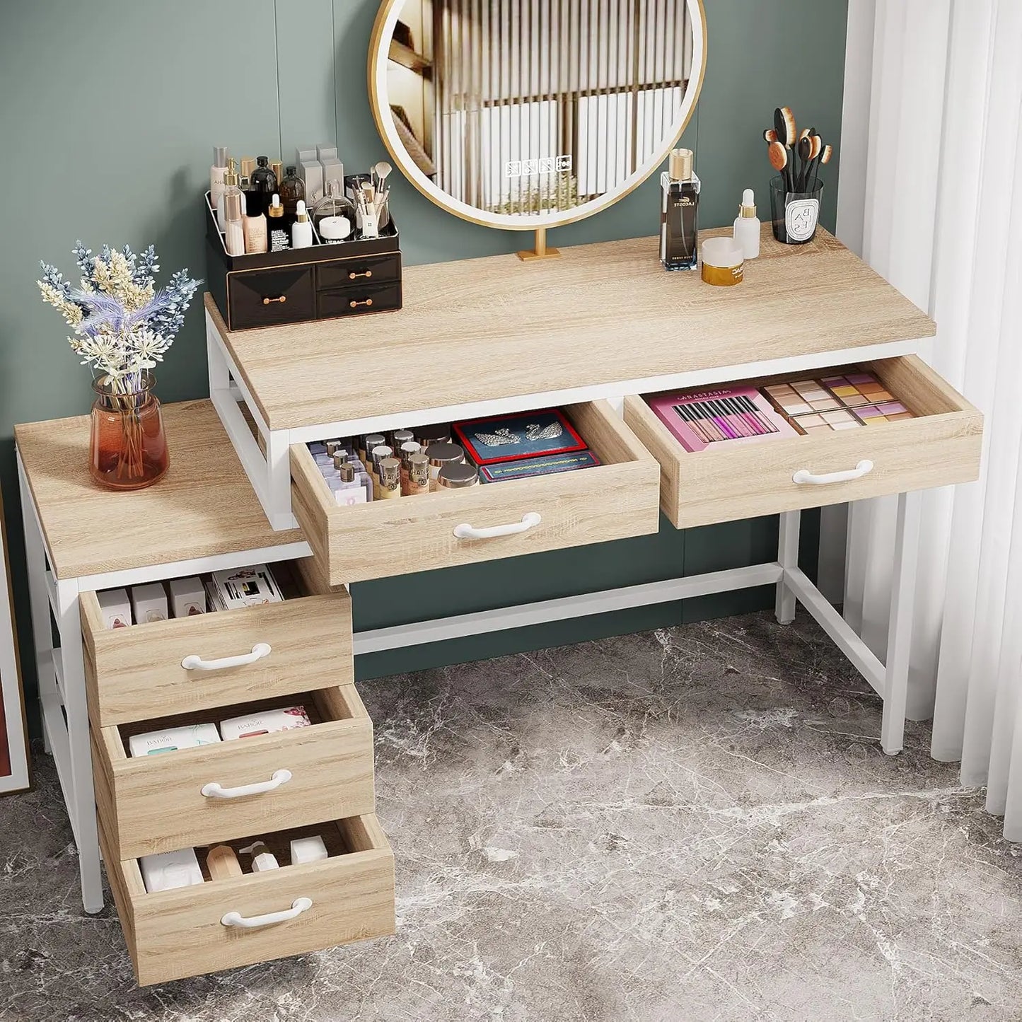 Ljustra Vanity Desk with 5 Drawers Dressing Table Makeup Table Walnut