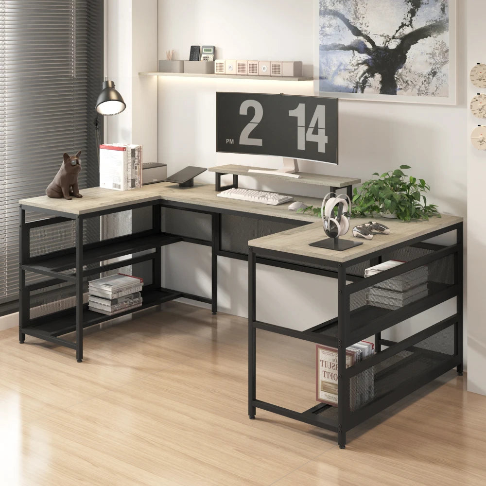 U Shaped Desk with LED Lights Power Outlets Monitor Stand Gaming Office