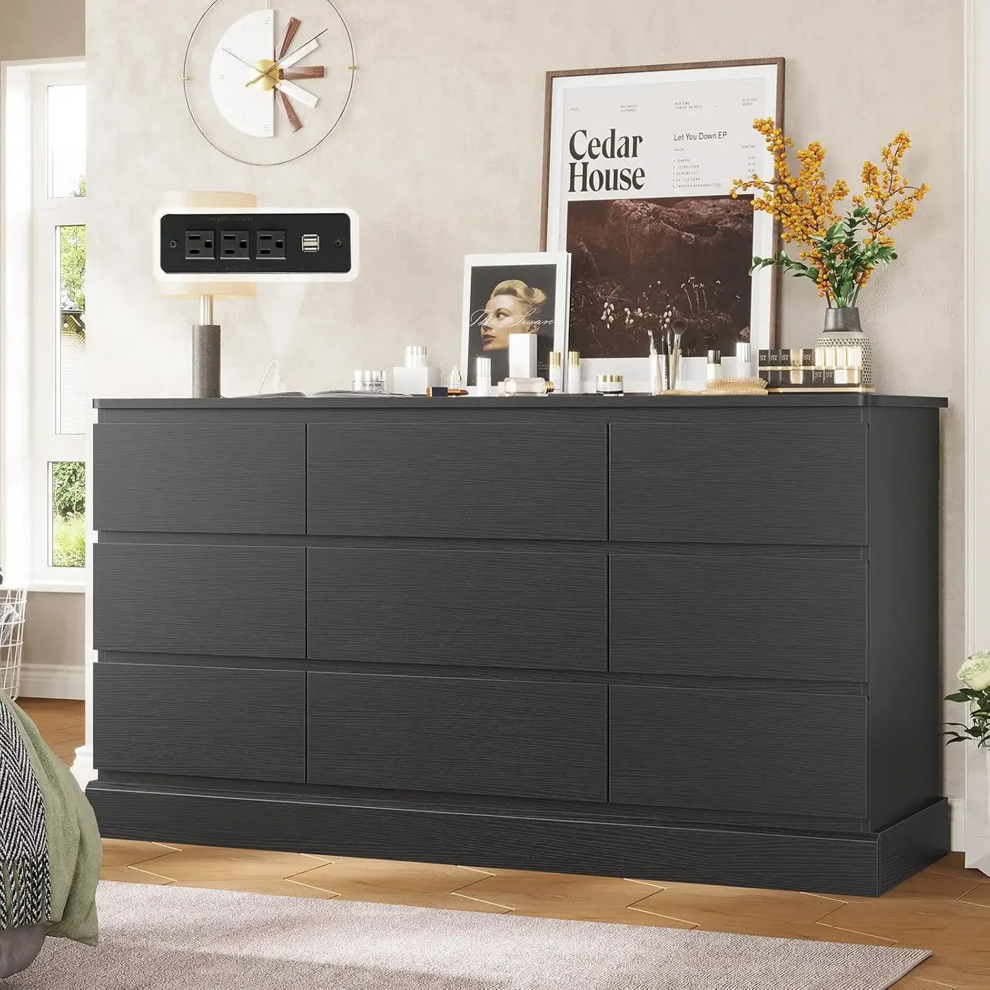 Modern White Bedroom Dresser 9 Drawers Long Storage Chest 61.4 Inches