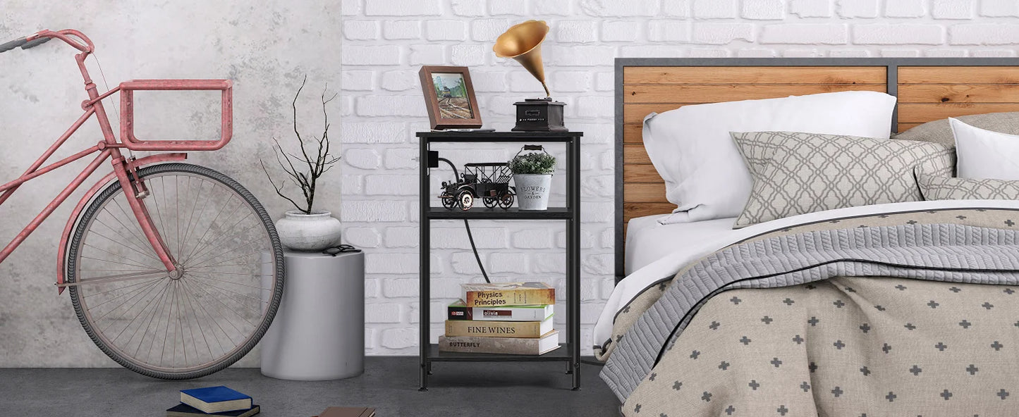Space Saving Nightstand with USB Ports and Storage Drawer for Bedroom