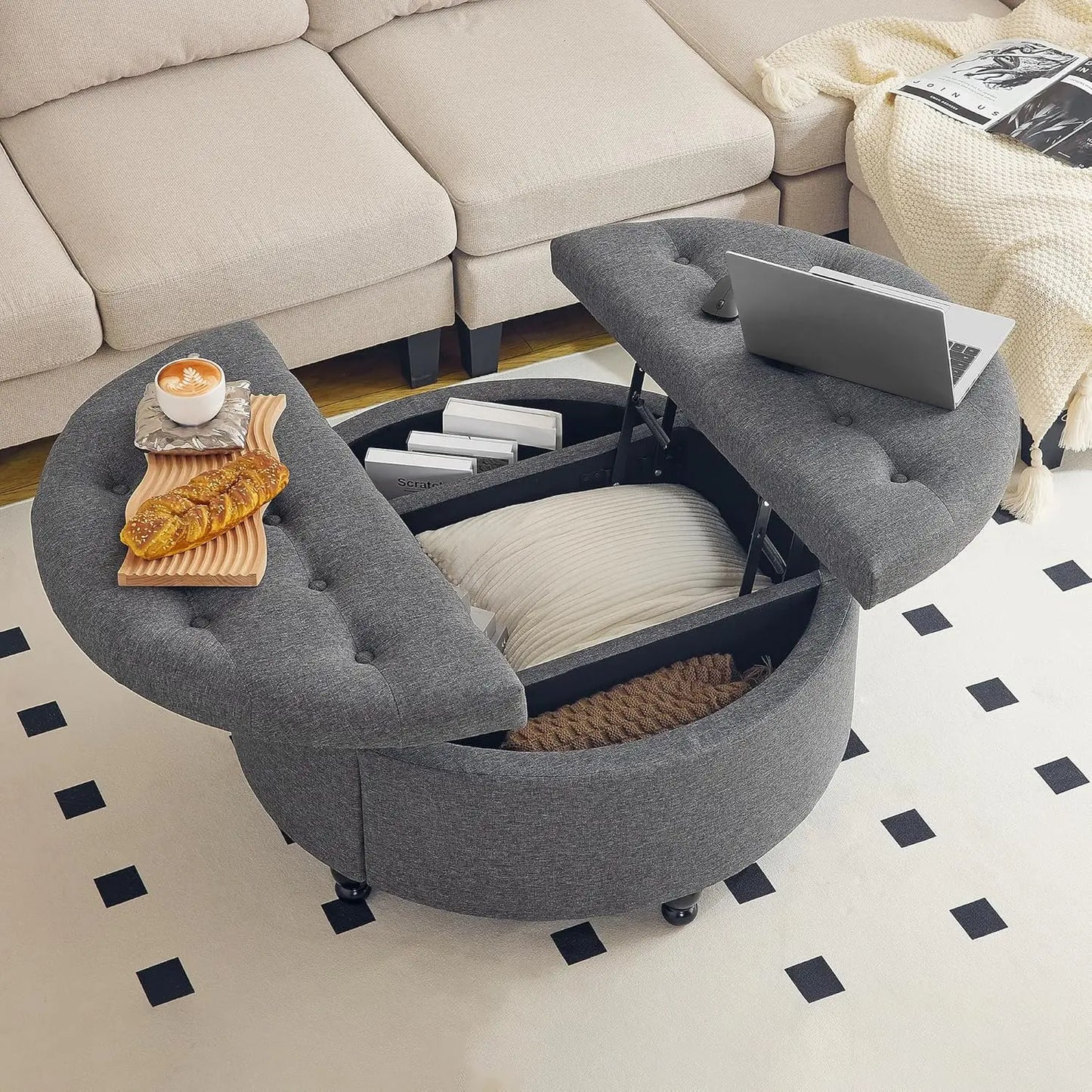 Round Storage Ottoman Coffee Table Upholstered Lift Top Footrest