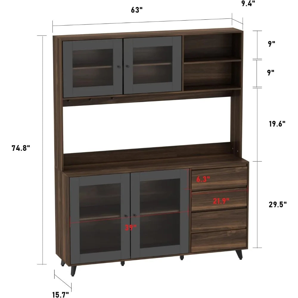 Tall Kitchen Pantry Cabinet with 4 Drawers Doors Microwave Stand