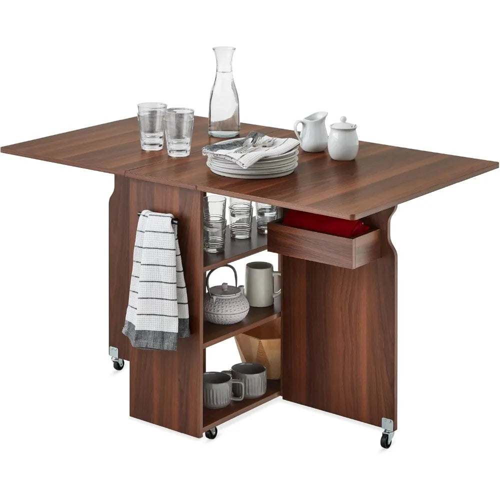 Folding Dining Table Space Saving Drop Leaf Desk with Wheels Storage Shelves