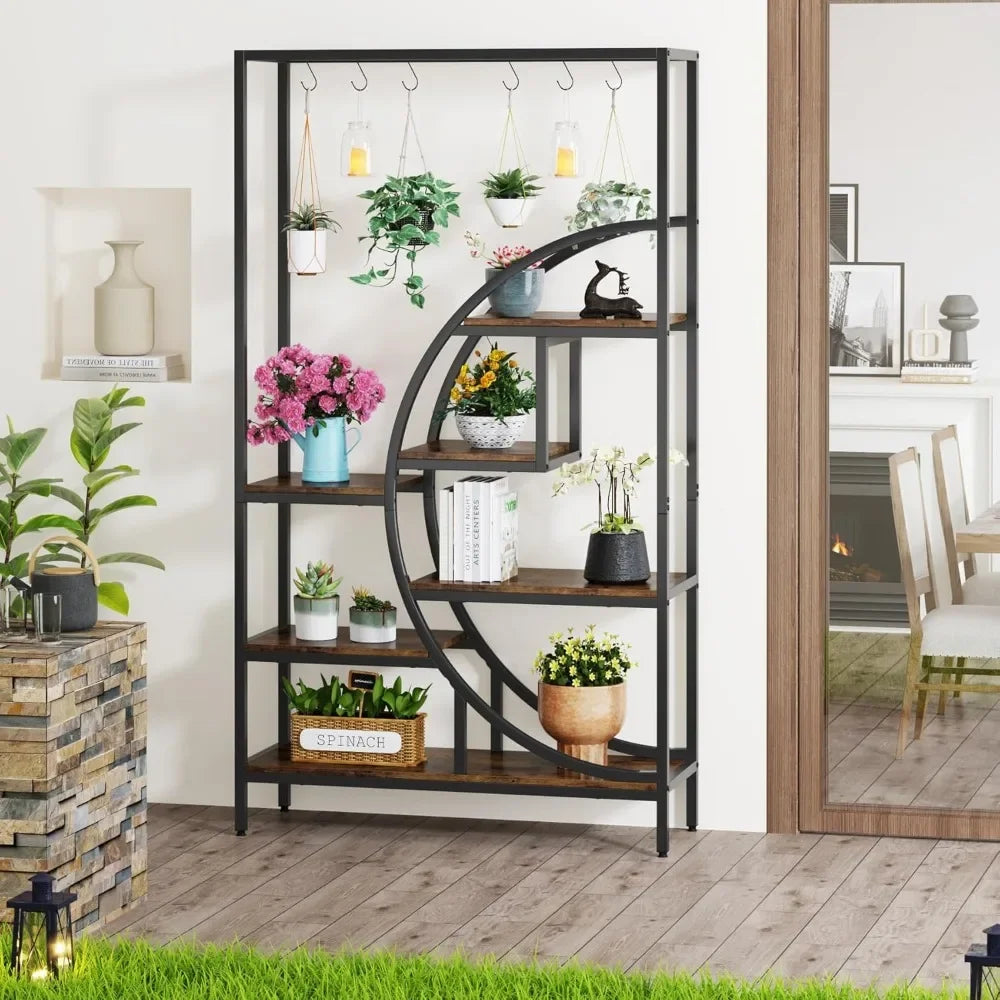 70.9 Inch Tall 7-Tier Half Moon Plant Stand Indoor Shelf with Hooks
