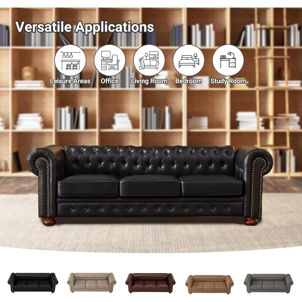 Chesterfield Leather Sofa 89 Inch Mid Century Modern Couch 3 Seater