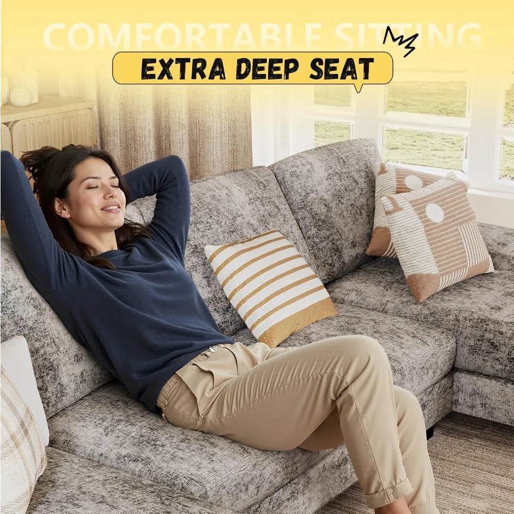 Ljustra U Shaped Sectional Couch Modern Chenille Fabric Sofa 4 Seat