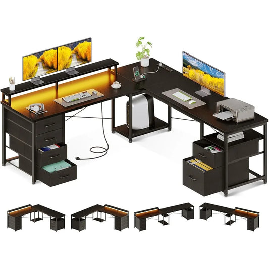 66 Inch L Shaped Computer Desk Reversible Home Office Desk with Drawers LED Light