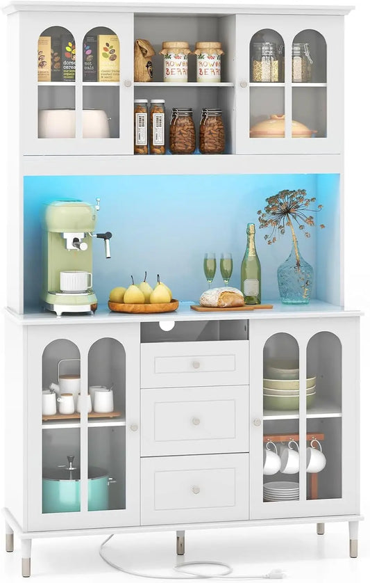 Large Kitchen Pantry Cabinet Buffet Hutch with LED Lights and Drawers