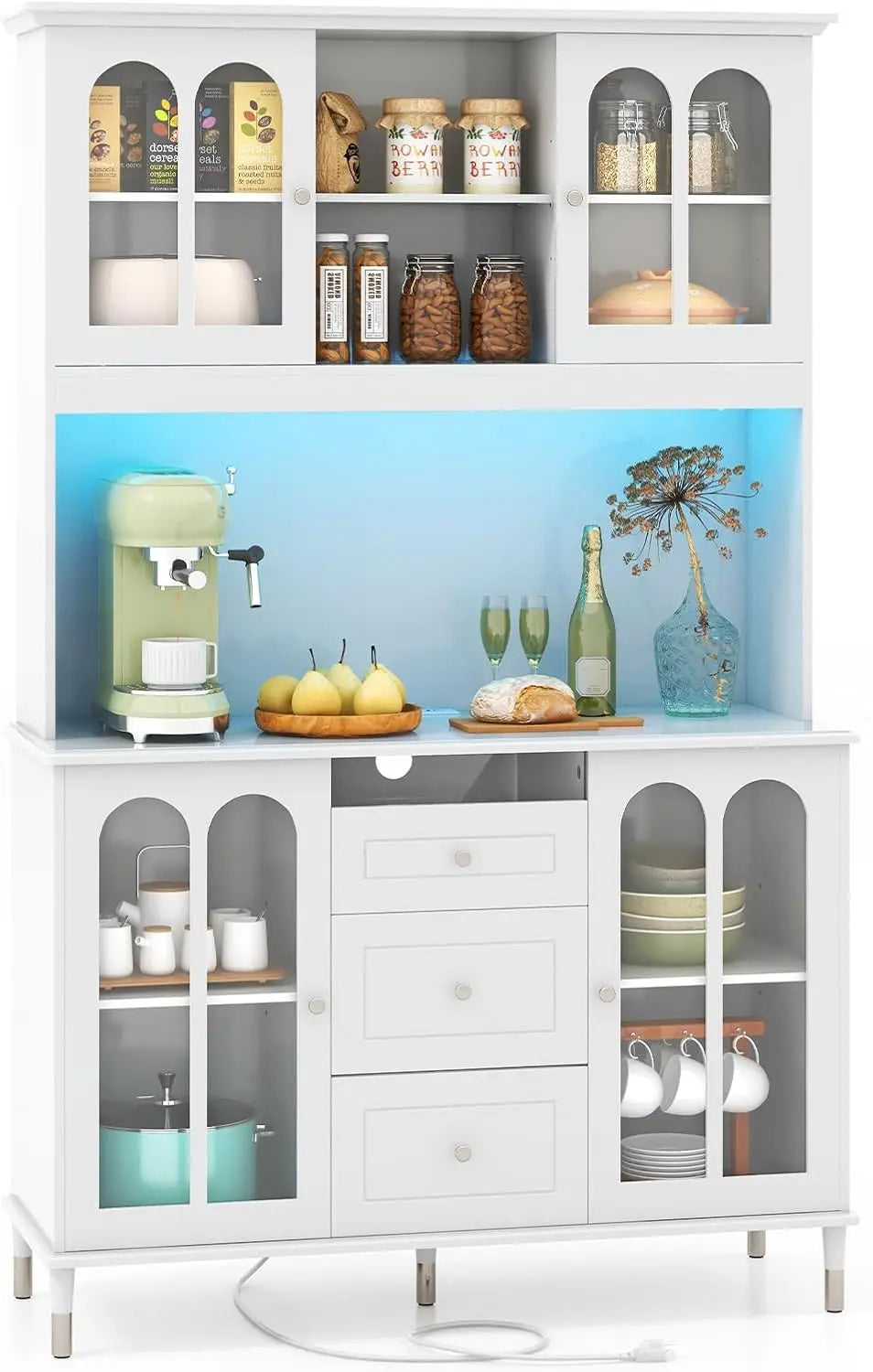 Large Kitchen Pantry Cabinet Buffet Hutch with LED Lights and Drawers