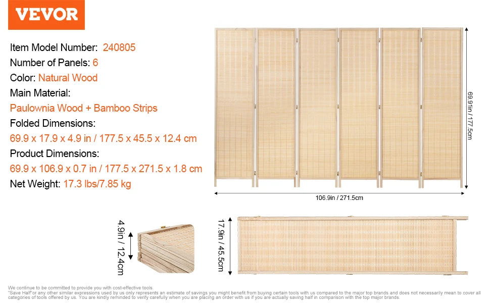 Ljustra 6 Panel Bamboo Room Divider Hand-Woven Folding Privacy Screen