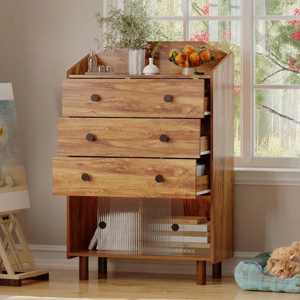 Modern Sideboard Buffet Cabinet with 3 Drawers and Fluted Glass