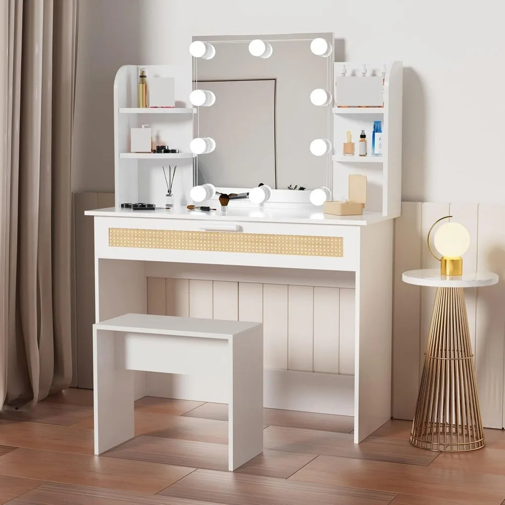 Modern Vanity Desk Set with LED Mirror Storage Stool Dressing Table