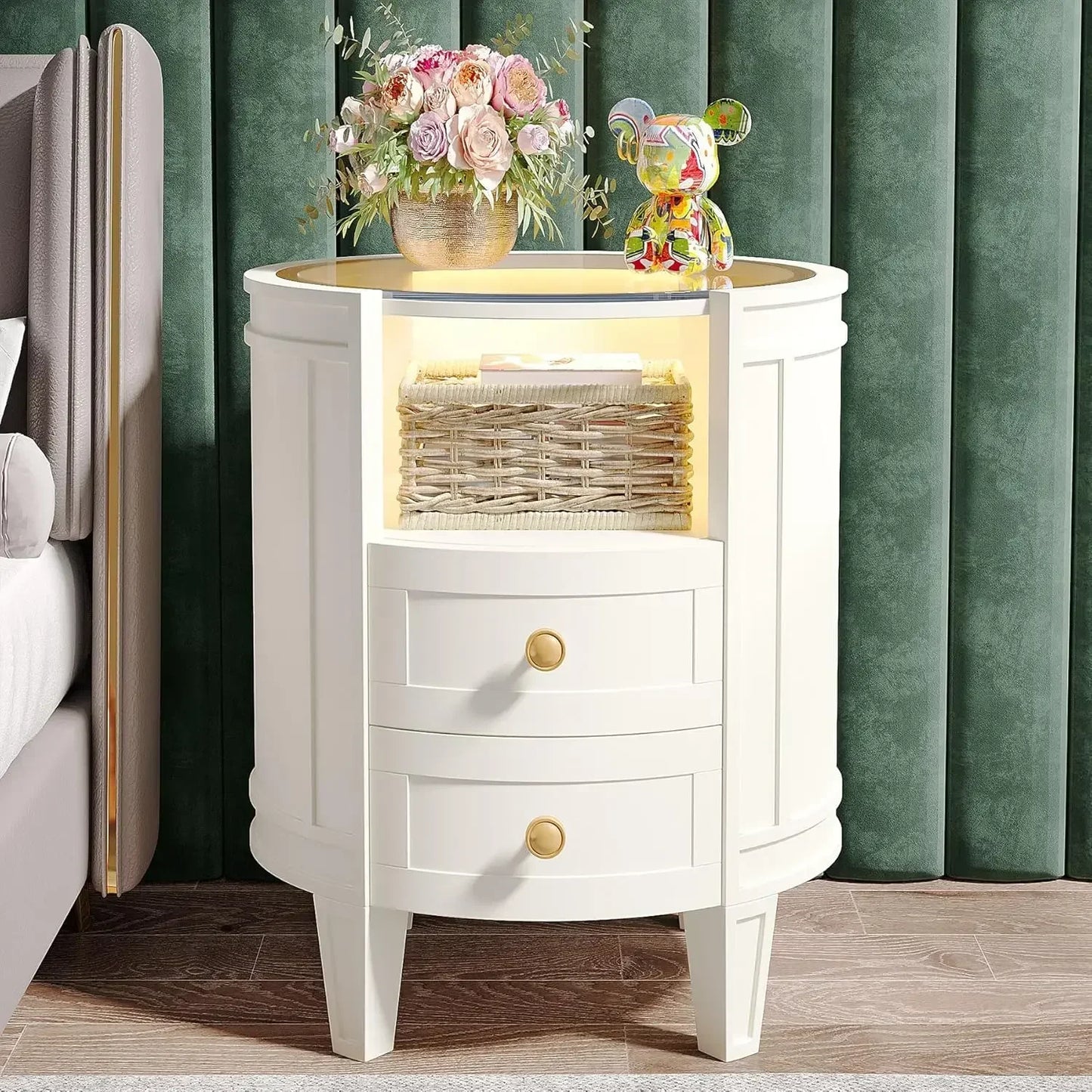 Set of 2 Nightstands with LED Glass Top Modern Bedside Table Storage