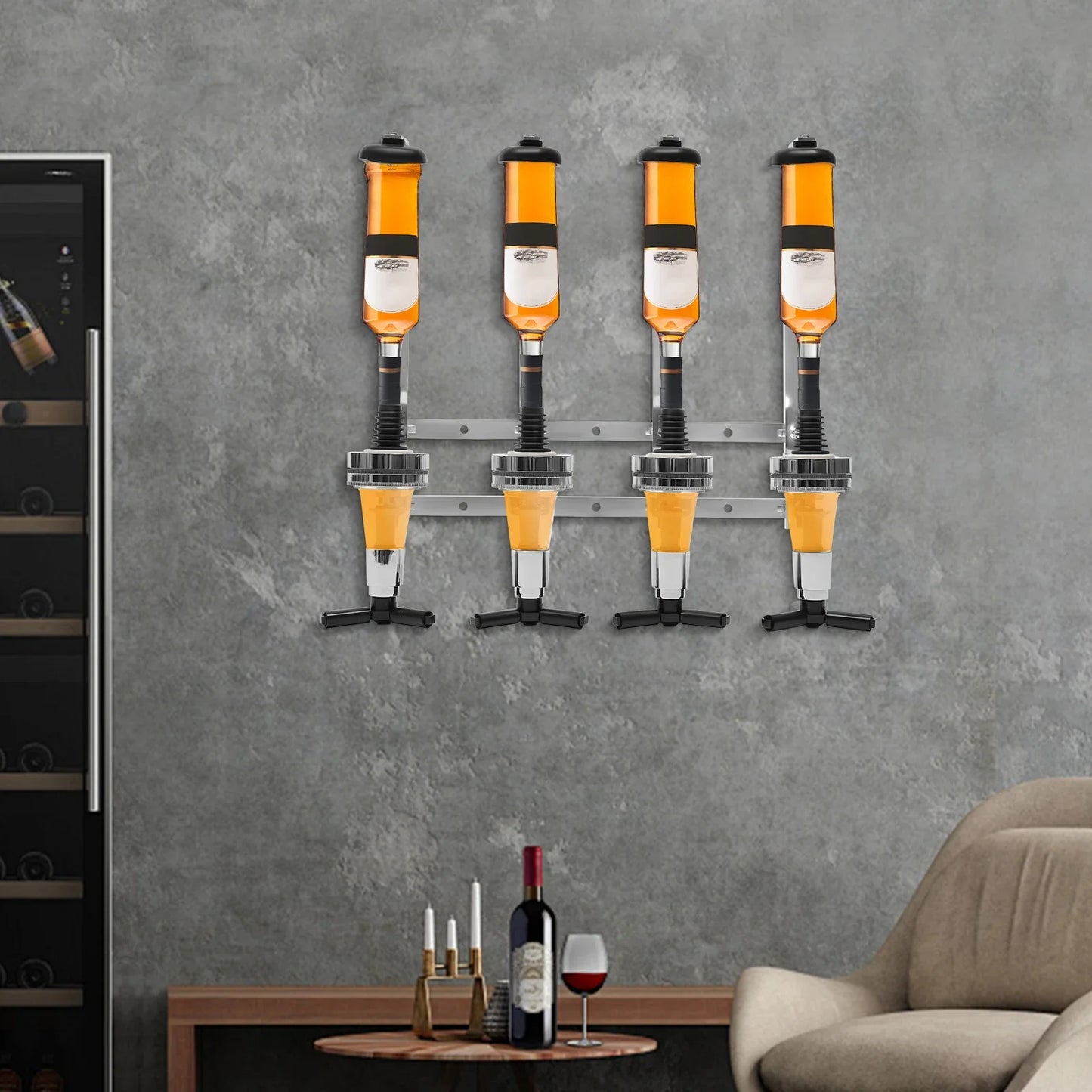 Wall Mounted 4 Bottle Dispenser Whiskey Rack Holder Wine Cocktail Shelf