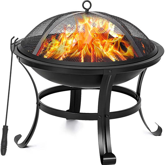 22 Inch Round Fire Pit Curved Iron Outdoor Wood Burning Patio Decoration