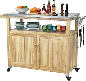 Outdoor Storage Cabinet Wood Prep Grill Table Stainless Steel Top