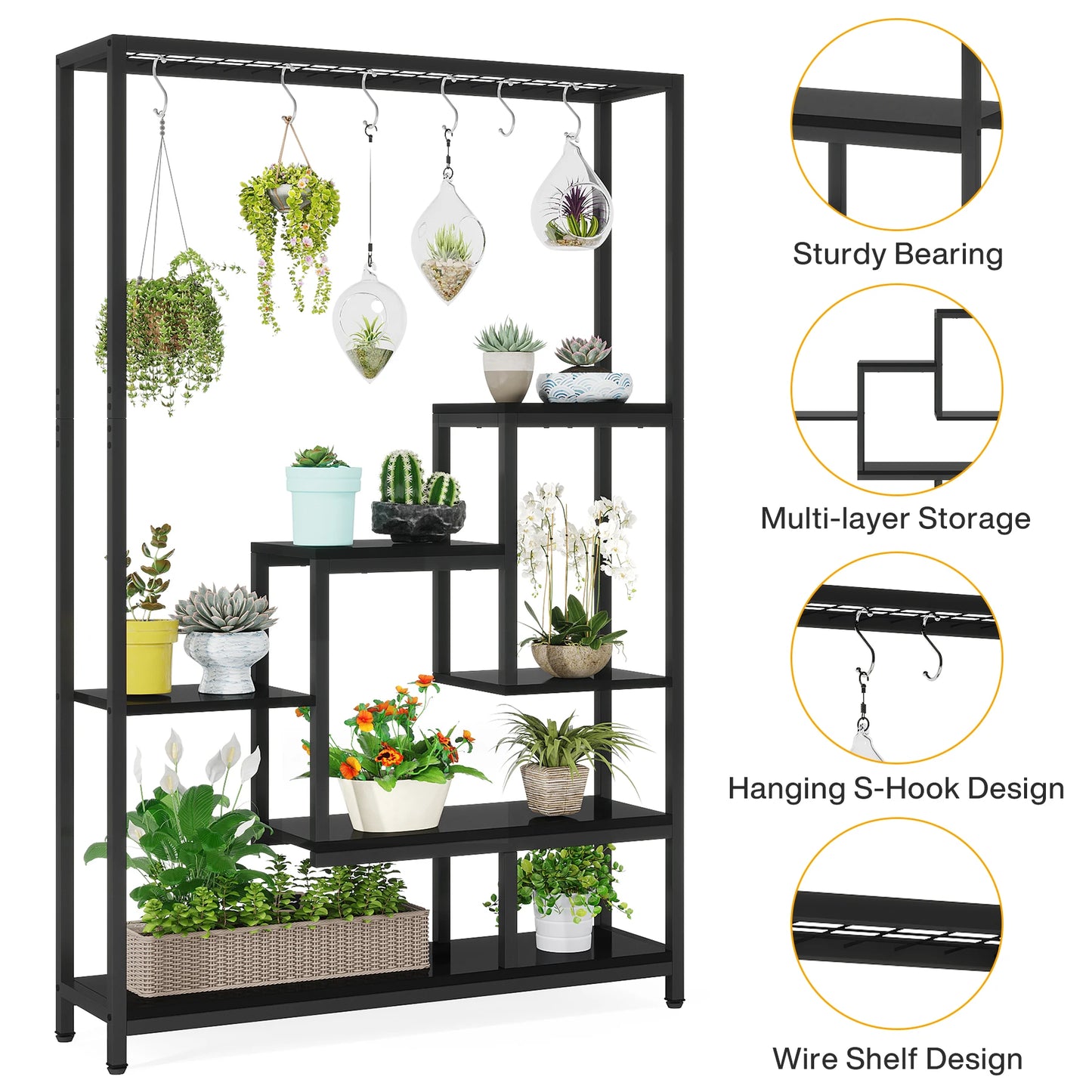 Ljustra 5 Tier Tall Indoor Plant Stand Shelf with Hanging Hooks