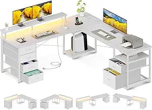 66 Inch L Shaped Computer Desk Reversible Home Office Desk with Drawers LED Light