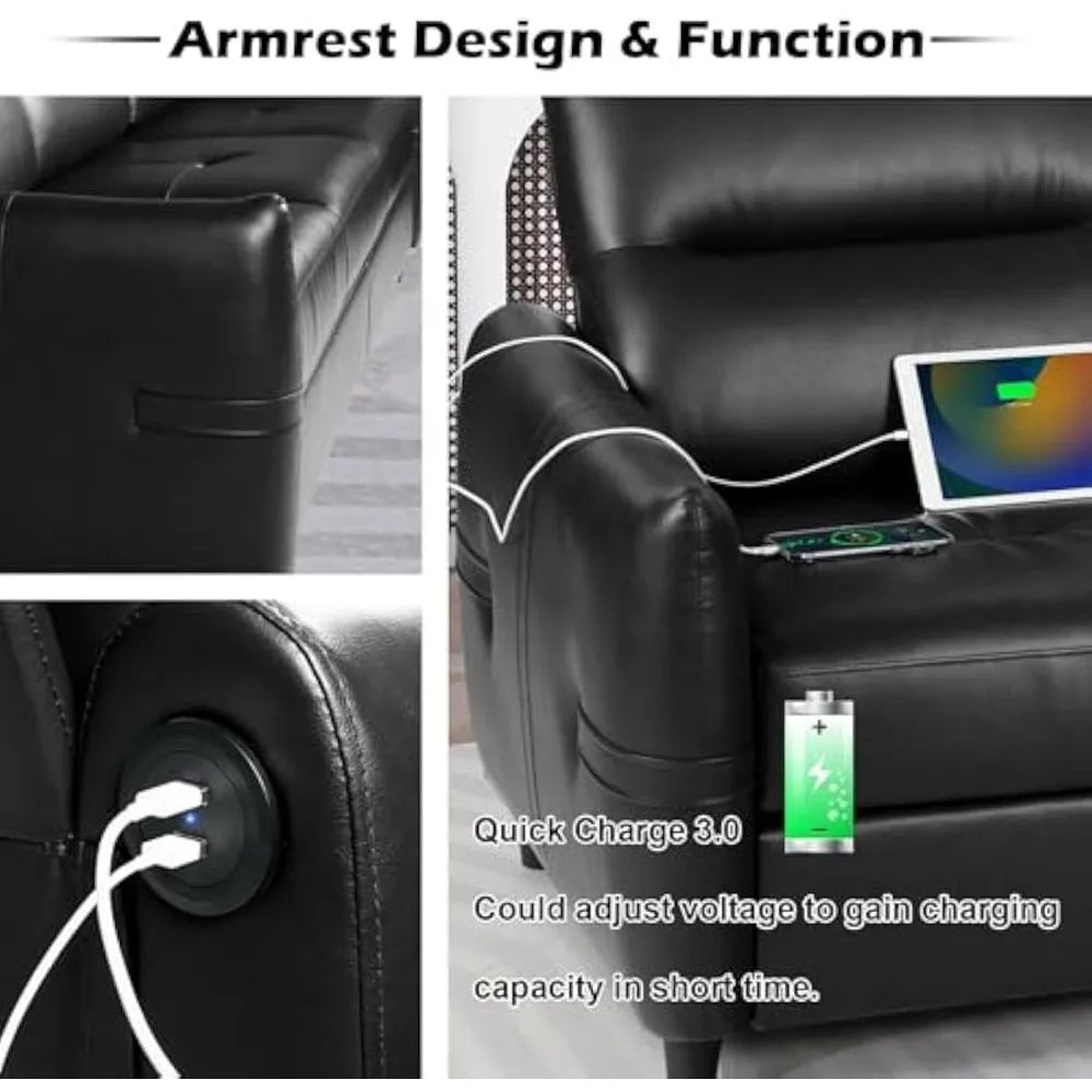 85" Faux Leather Sofa Black 3-Seater Couch with USB & Cup Holders, Modern Mid-Century Design