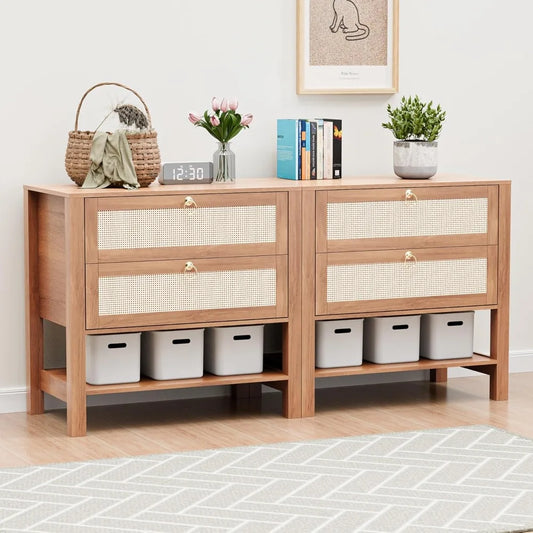 Rattan Nightstands Set of 2 Mid Century Modern Night Stand with Drawers