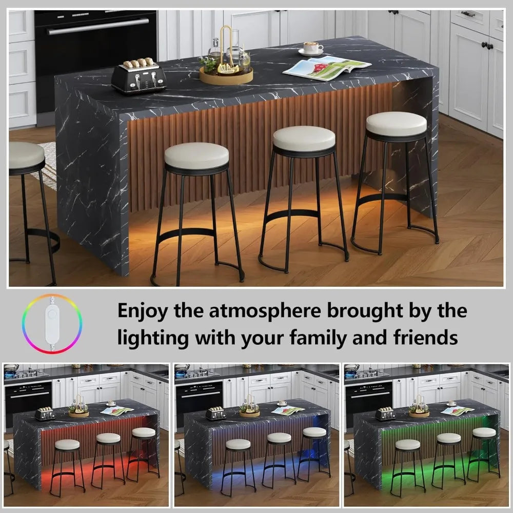 71 Inch Large Imitation Marble Dining Table with LED Lights for 4-6