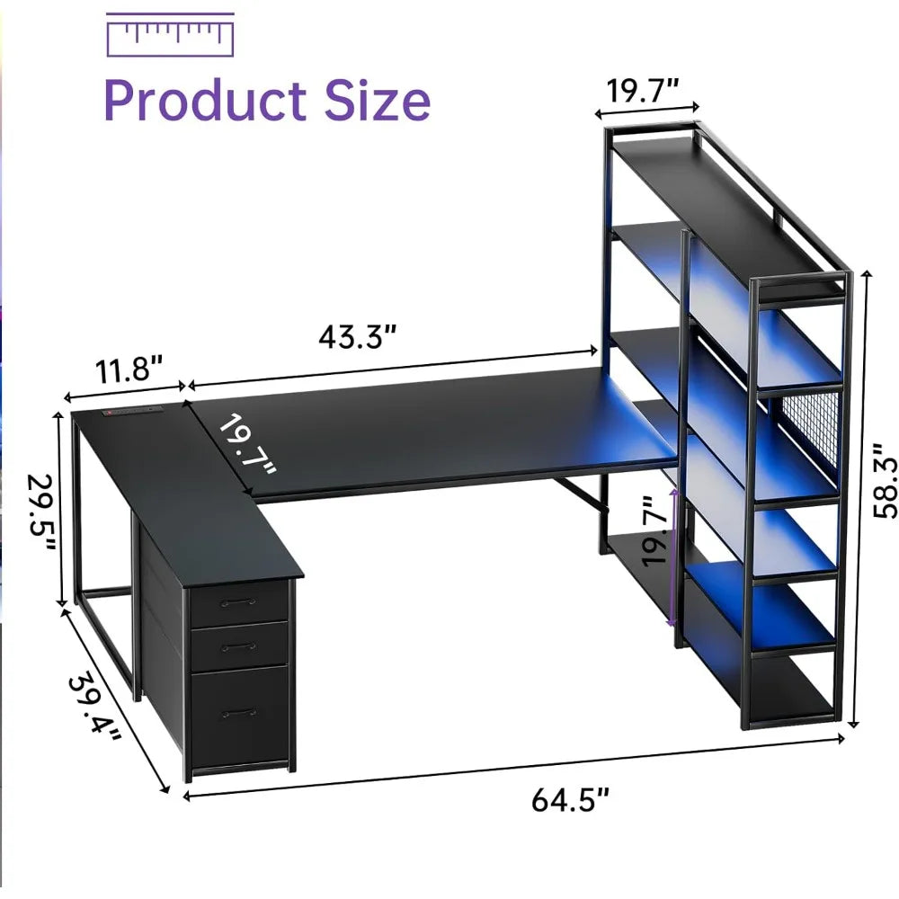 L Shaped Corner Desk with Drawers LED Lights Gaming Office Storage
