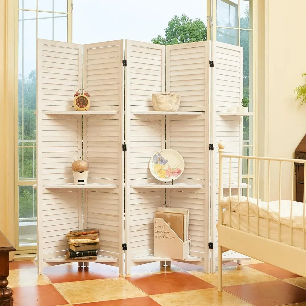 Room Divider with Shelves Folding Wood Screen 5 Panels for Home Office