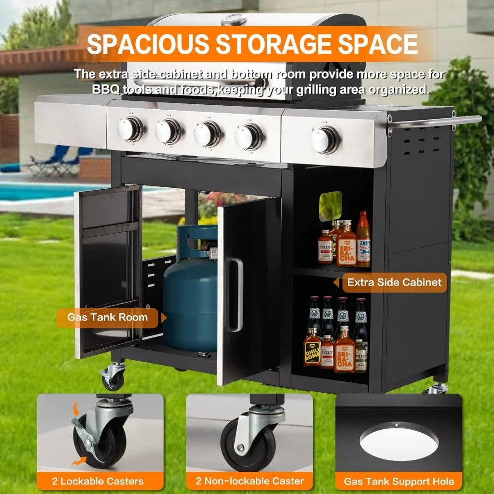 4-Burner Propane Gas Grill with Side Burner and Cabinet 49000 BTU BBQ
