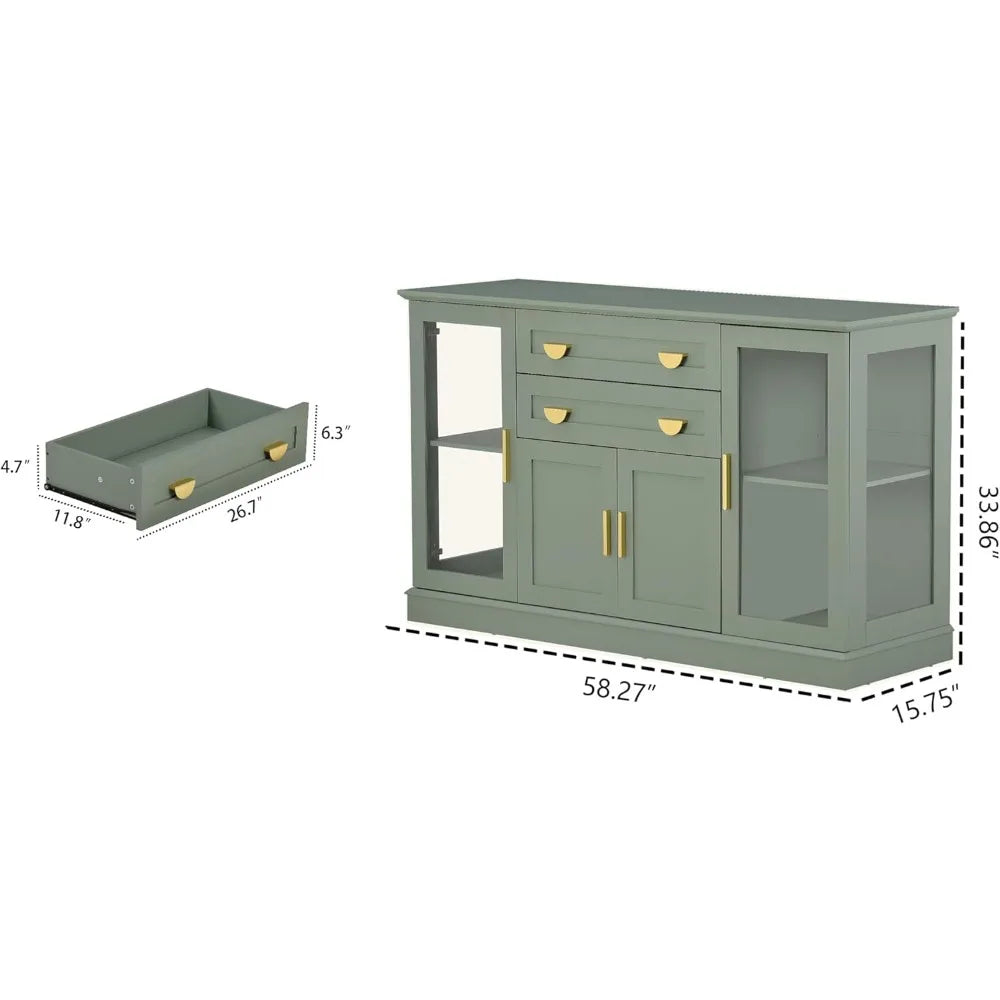 58.27 Buffet Cabinet with 2 Drawers Glass Doors Adjustable Shelves