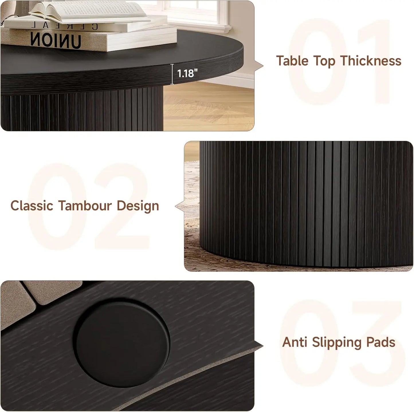 31.5 Inch Round Coffee Table Mid Century Modern Tambour Design Accent Table