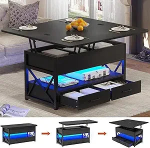 40 Inch Lift Top Coffee Table with Storage LED Light and Drawers