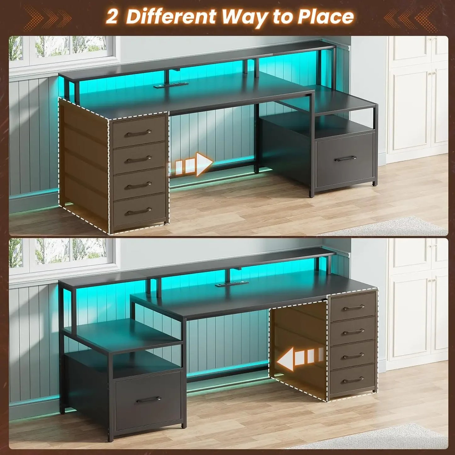 Computer Desk with 5 Drawers Power Outlet LED Lights Home Office Desk