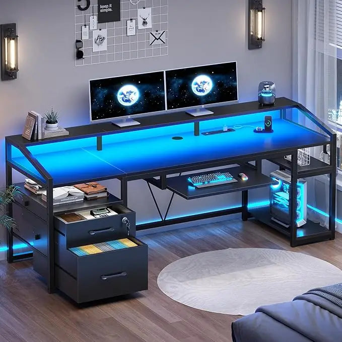 63 Inch Computer Desk with Lockable Drawers LED Lights Power Outlet Gaming