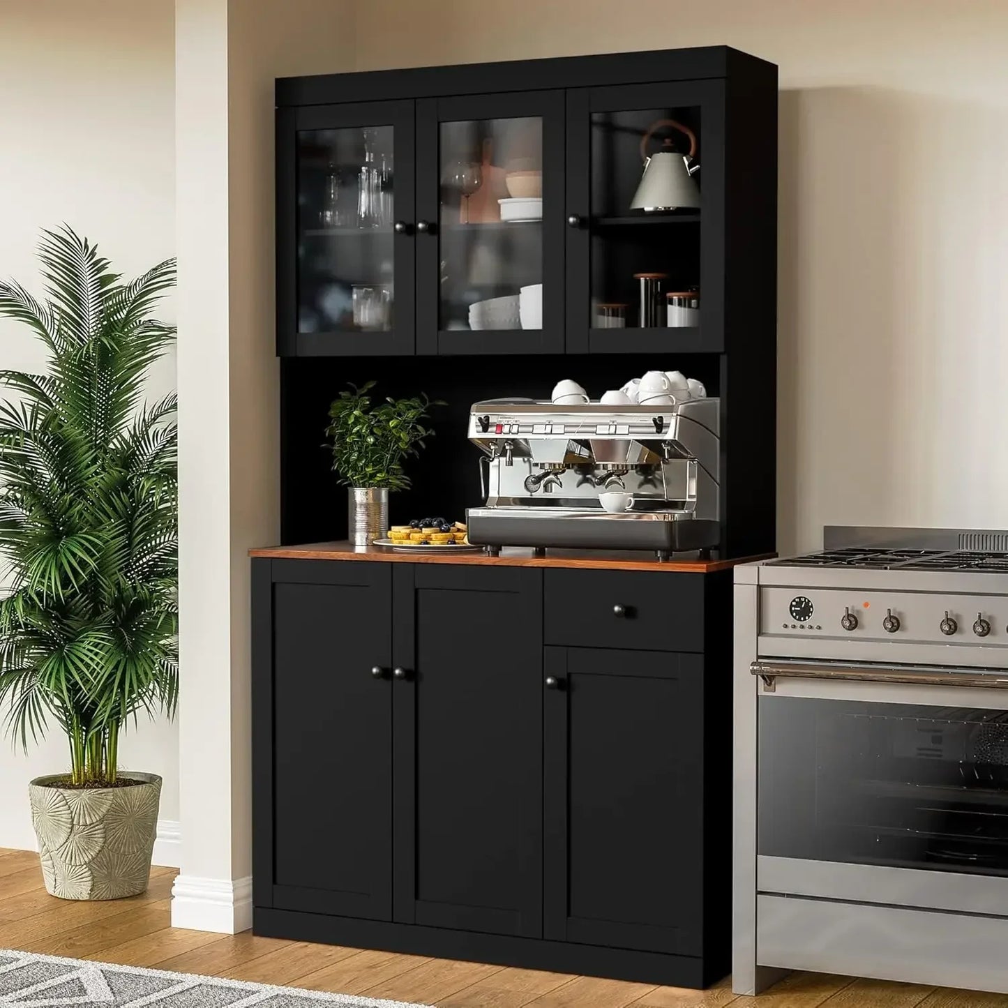 71 Inch Tall Kitchen Pantry Storage Cabinet with Microwave Stand Black