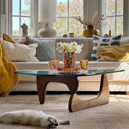 Triangular Glass Coffee Table with Wooden Base Mid-Century Modern Style
