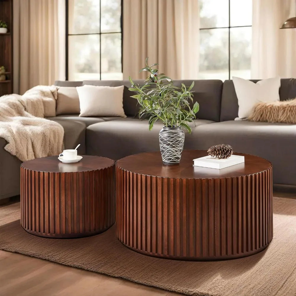 Round Wood Coffee Table Set of 2 Handcrafted Modern Accent Tables