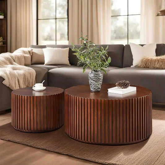 Round Wood Coffee Table Set of 2 Handcrafted Modern Accent Tables