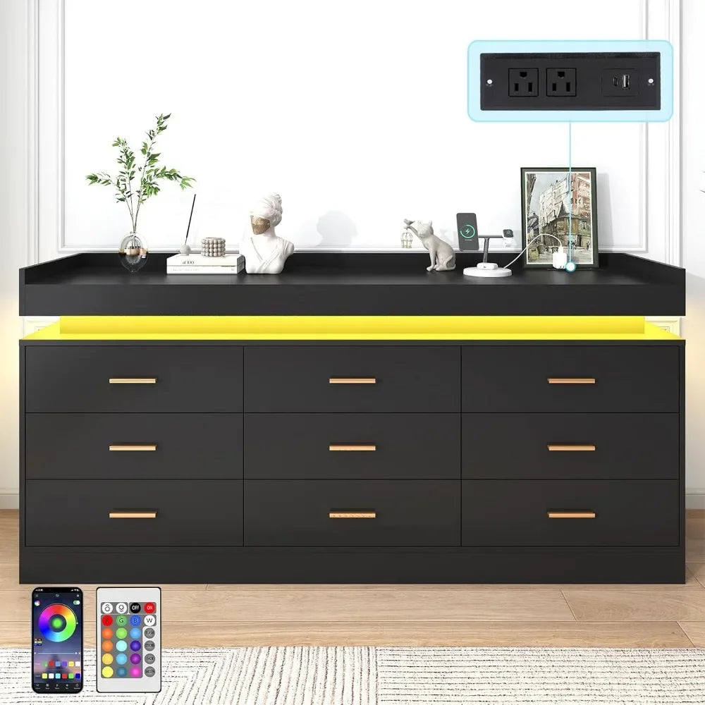 9 Drawer Dresser with Charging Station LED Lights Organizer Cabinet